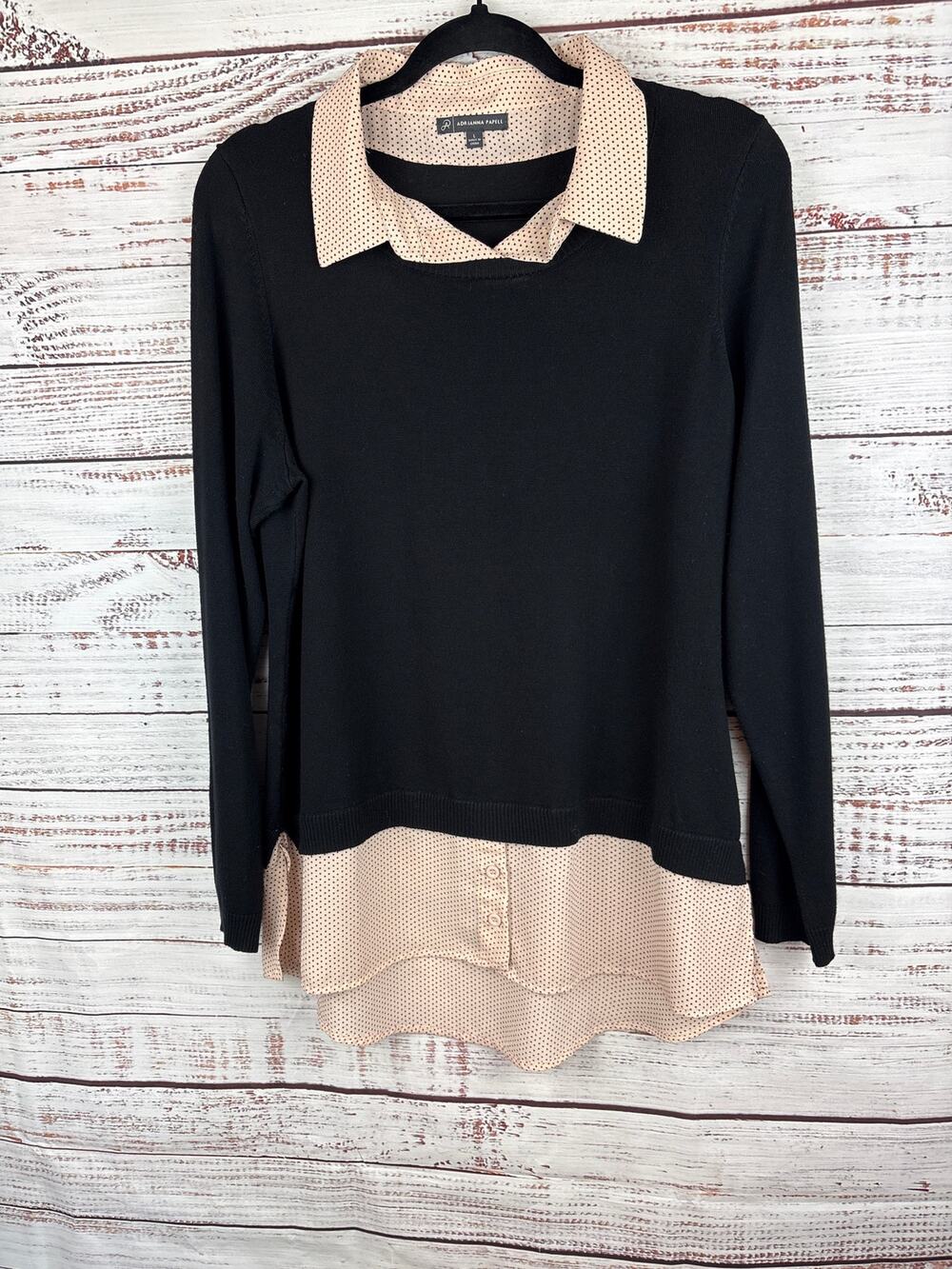 Adrianna Papell Black Pink Polka Dot Layered Tunic Sweater Collar Womens Sz L